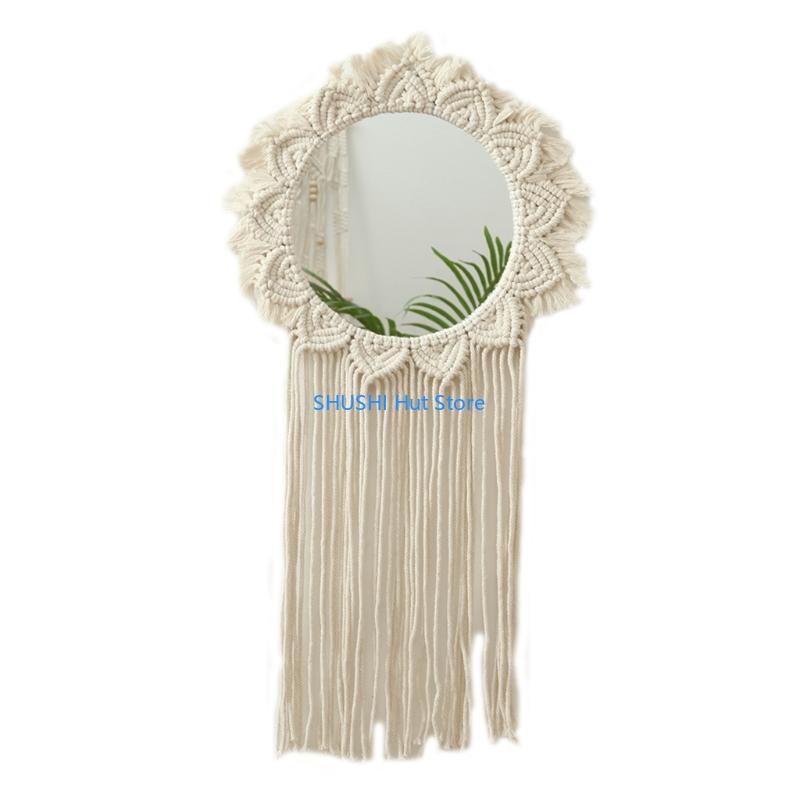 

Nordic Hand Woven Hanging Wall Makeup Mirror Bohemian Braided Cotton Rope Tapestry Tassels Macrame Home Decor D57B
