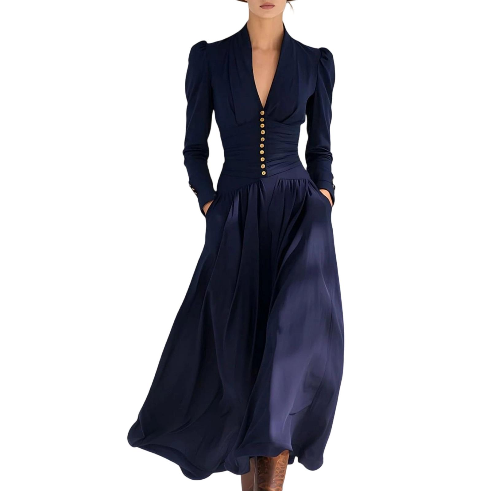 Women s Pleated Color Deep V-long Sleeved Dress XL тёмно-синий