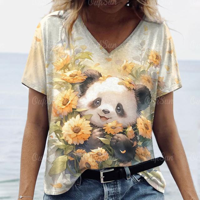 Oversize Women's Clothing Tshirt Cute Panda Woman Clothing Casual V-Neck Short Sleeve T-Shirts Pullover Trend Summer Streetwear