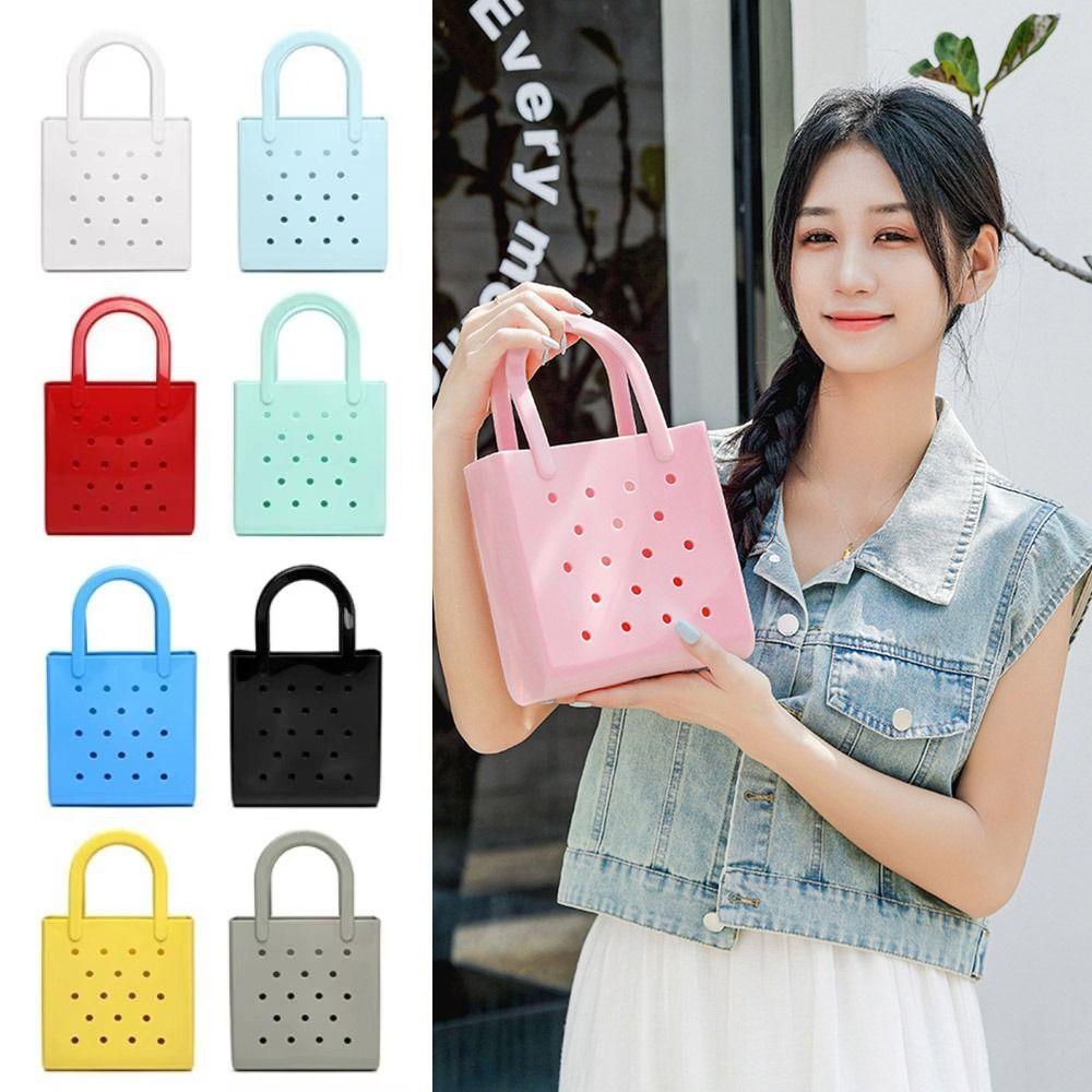 Waterproof Summer Beach Bag Solid Color Jelly Tote Bag Portable Rubber Hole Handbags  Baskets