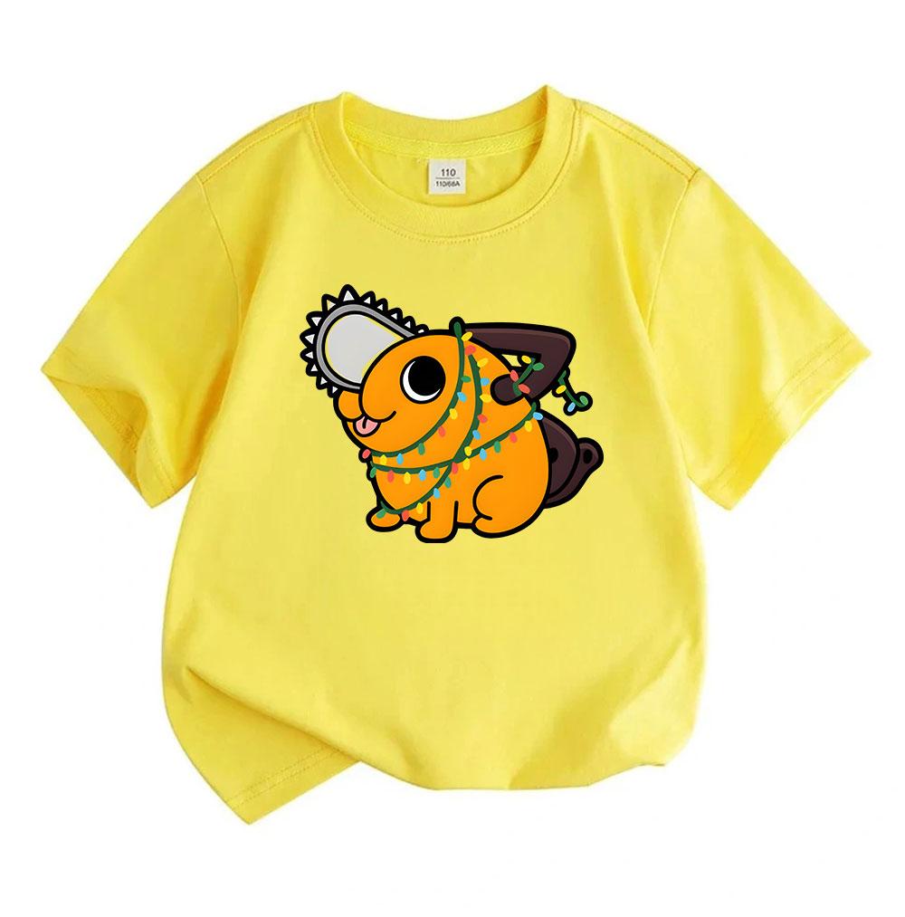 Kids Boys Girls 100% Cotton Crew Neck Short Sleeve T-Shirt, Cute Cartoon Orange Chainsaw Dog Wrapped in Christmas Lights Pattern Casual Soft Summer Te
