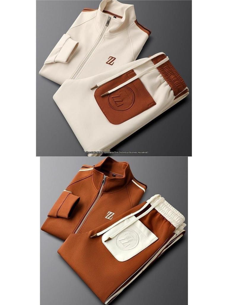 Men's Green Stand-Up Collar Sportswear Set - Long Sleeve, Casual & Versatile, Two-Piece for Autumn.
