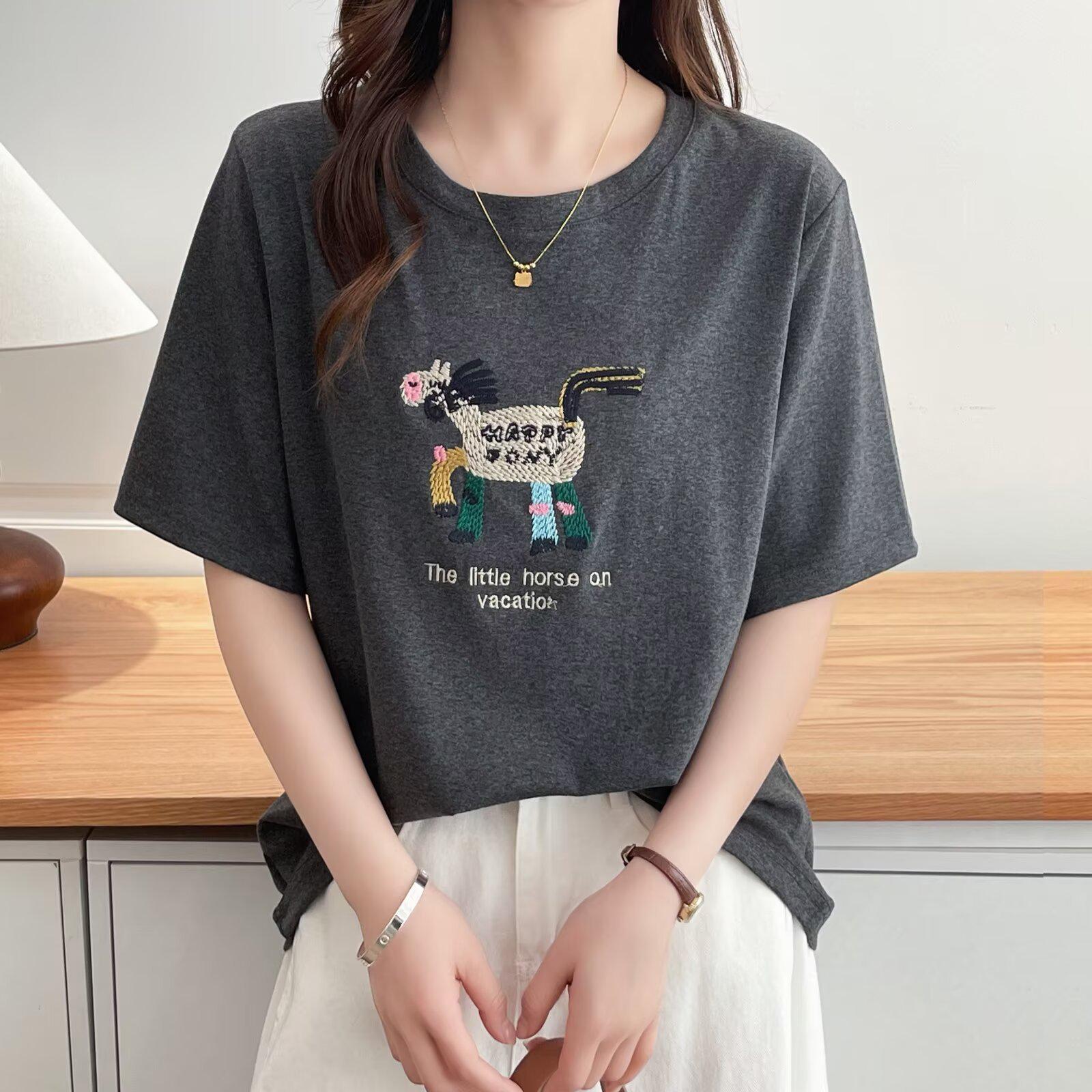 2026 Korean Style Cartoon Pony Embroidered Short Sleeve Women s Slimming Versatile Top XXL серый