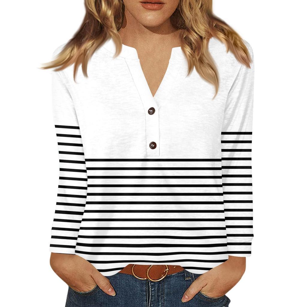 Women's T Shirt Print Button Long Sleeve Daily Weekend Fashion Basic V- Neck Regular Top