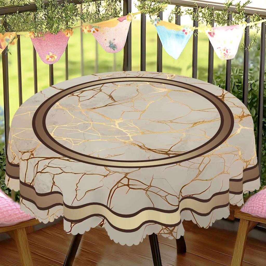 1 Piece of Light Luxury Marble Print Round Tablecloth, Available In Various Sizes, with Gold Marble Pattern, Outer Ring with Contrasting Color