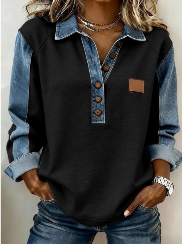2025 European Style Knit Lapel Long Sleeve Women's Shirt: Autumn Winter Versatile Casual with Patchwork Denim