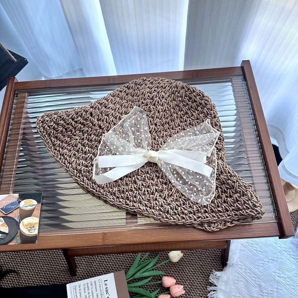 Pearl straw hat summer travel sunscreen sunshade bucket hat new straw seaside vacation net red hat