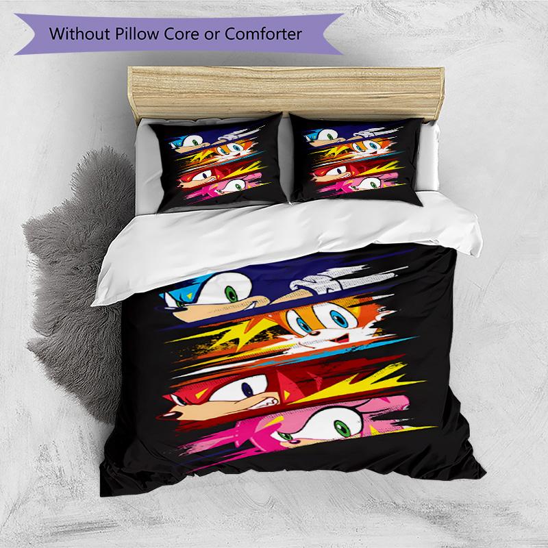 Set cuvertură de pilota 3 buc (1 * Husă de pilota + 2 * Față de pernă, Fără Miez), Set de așternut cu Imprimeu Sonic, Decor Dormitor, Pentru Toate Sezoanele, Cadou de Ziua de Naștere