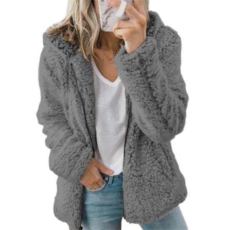 Warme Damen Sherpa Jacke mit Kapuze Fleece Mantel Freizeit Einfarbig Plüsch Reißverschluss Winddicht Herbst Winter Strickjacke
