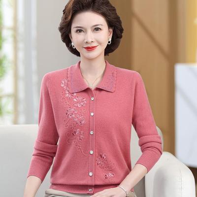 Luxury 100% Pure Wool Embroidered Cardigan for Mothers and Grandmothers - Mid-aged & Elderly Women's Lapel Sweater