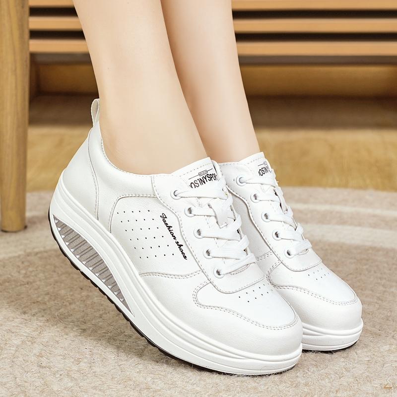 Sneakers con Zeppa in Pelle Bianca con Aumento di Altezza da Donna Mocassini Casual con Suola Spessa Scarpe da Ragazza