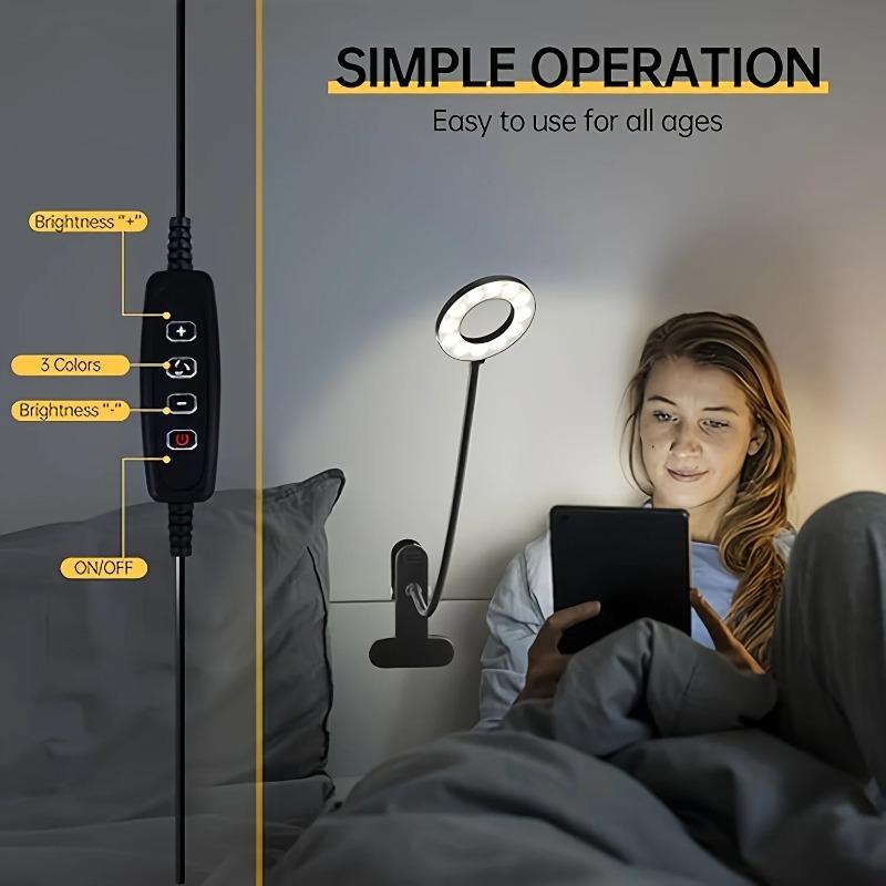 Flexible Gooseneck LED Reading Book Light with Clamp, 3 Color Temperature Circular Night Lamp for Bedside Travel Office