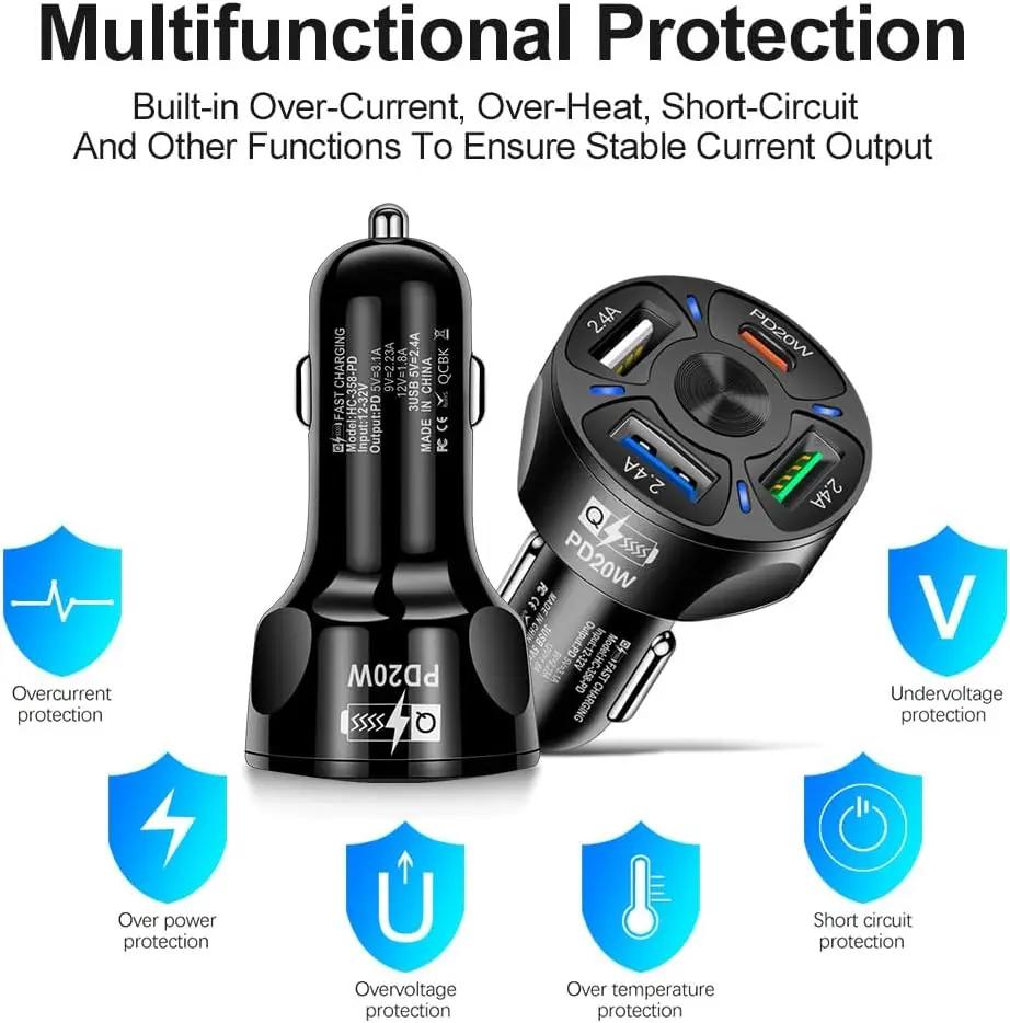 One To Four Car Charger, Cigarette Lighter, Super Fast Charging Three USB+PD Interface, Fast Charging Car Charger Head