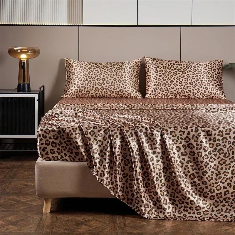 Leopard Print Fitted Sheet Set Queen High-end Satin Fabric Fitted Sheet Flat Sheet Pillowcase Bed Sheets Set King Bedsheet Sets