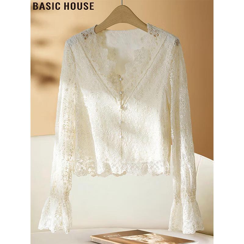 Basic House French Retro V-Neck Lace Blouse L