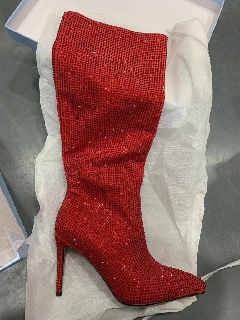 Nuovi Stivali Alti Fino Al Ginocchio Stiletto a Punta Acuta con Punti Stellati Baby'S Breath Europei e Americani, Stivali da Sfilata da Donna Taglie Forti