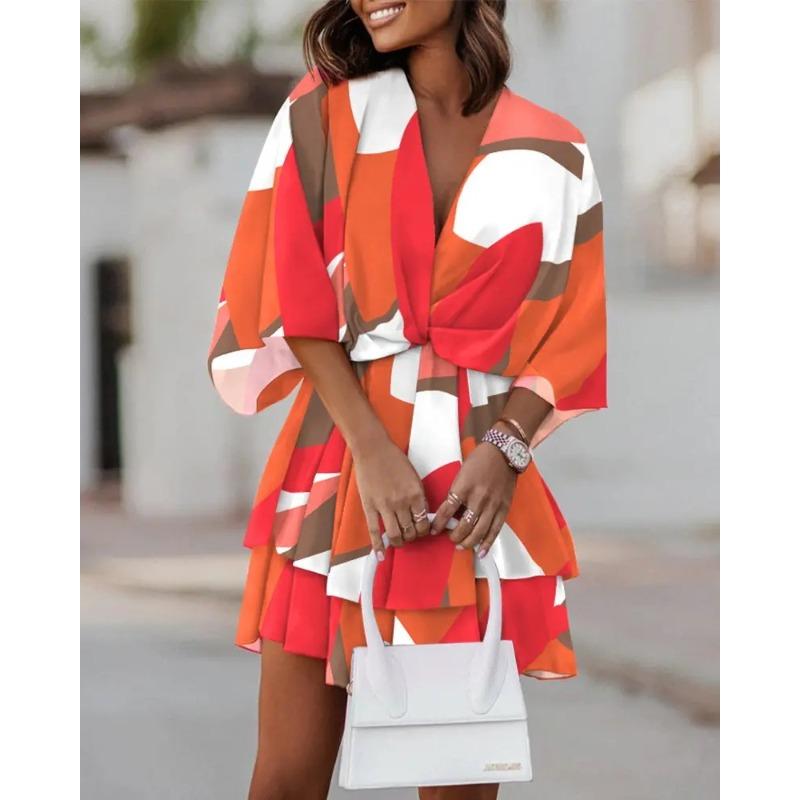 Autumn Collar Loose Bat Sleeve Printed Dress Women s Clothing S