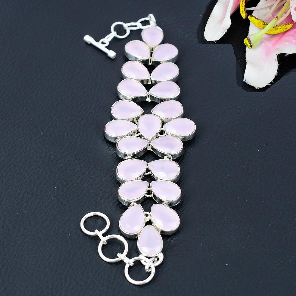 Pink Chalcedony Gemstone Handmade 925 Sterling Silver Bracelet 7-8" KG-378