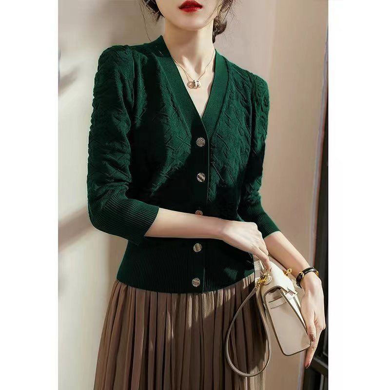 

Вязаный кардиган женский весенне-осенний повседневный элегантный свитер с v-образным вырезом в стиле ретро One Size мох зеленого