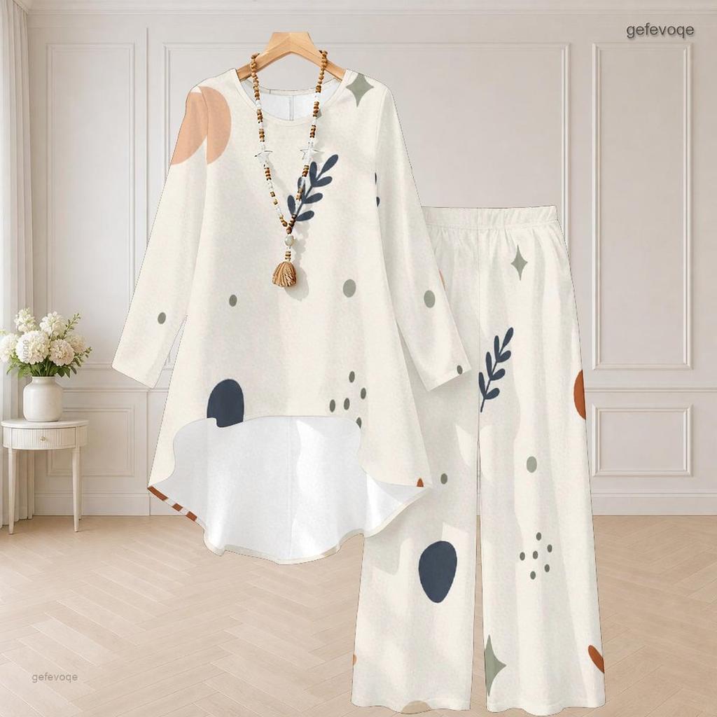 Women Plus Size Navy Blue Printed Round Neck Long Sleeve High Low Top Wide Leg Pants Two Piece Set