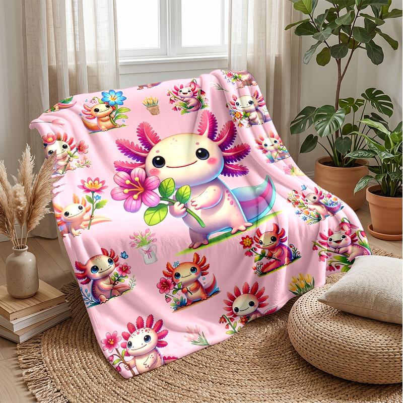 Cute Axolotl Flower Scenes Blanket Personalized Name Flannel Blanket Soft Cozy Plush Throw for Sofa Bed Lightweight Home Decor