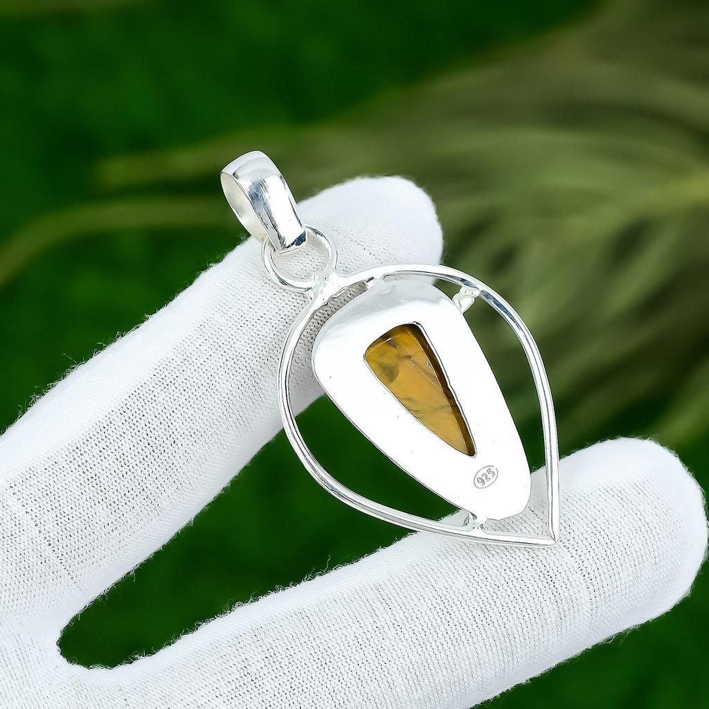 Natural Tiger Eye Gemstone Indian Jewelry 925 Sterling Silver Pendant For Girls