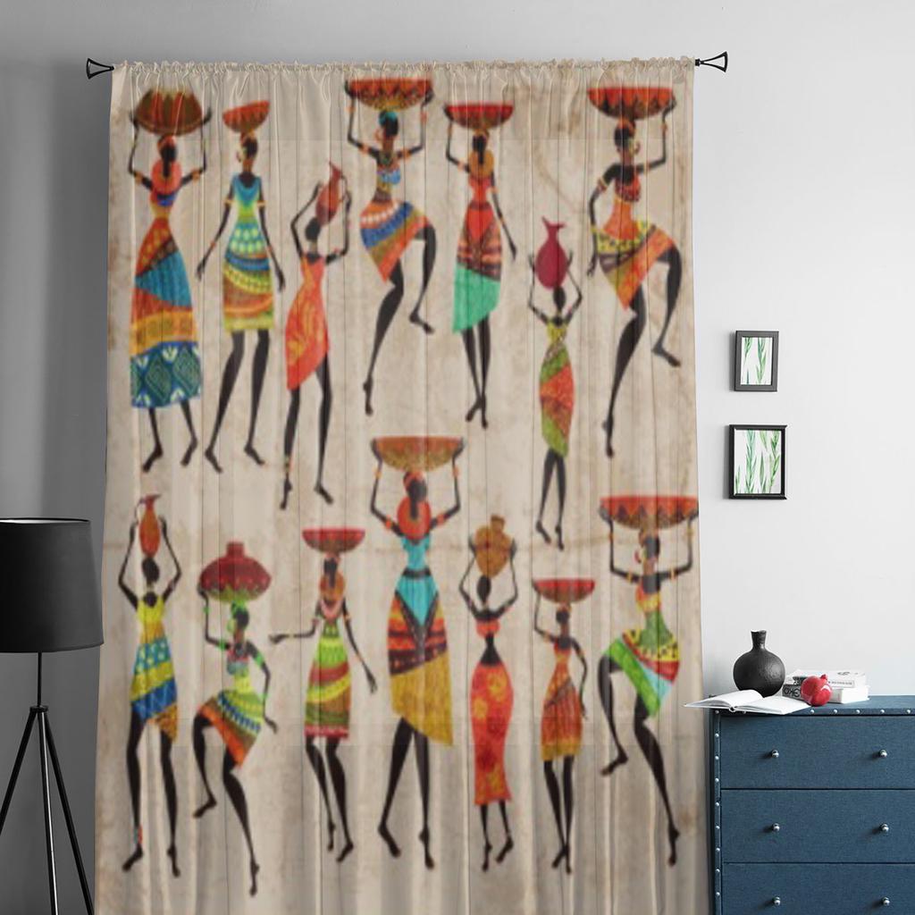 Retro Beautiful African Women Chiffon Sheer Curtains for Living Room Bedroom Kitchen Decoration Window Voiles Tulle Curtain
