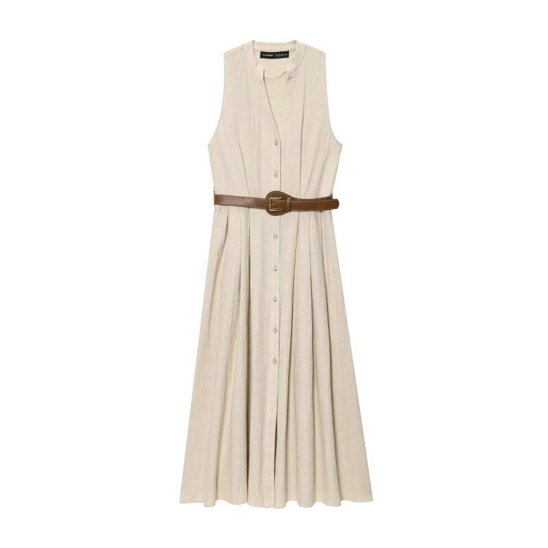 

European American Women s Clothing Summer Slimming With Belt Linen Sleeveless Dress XS покинуть белый