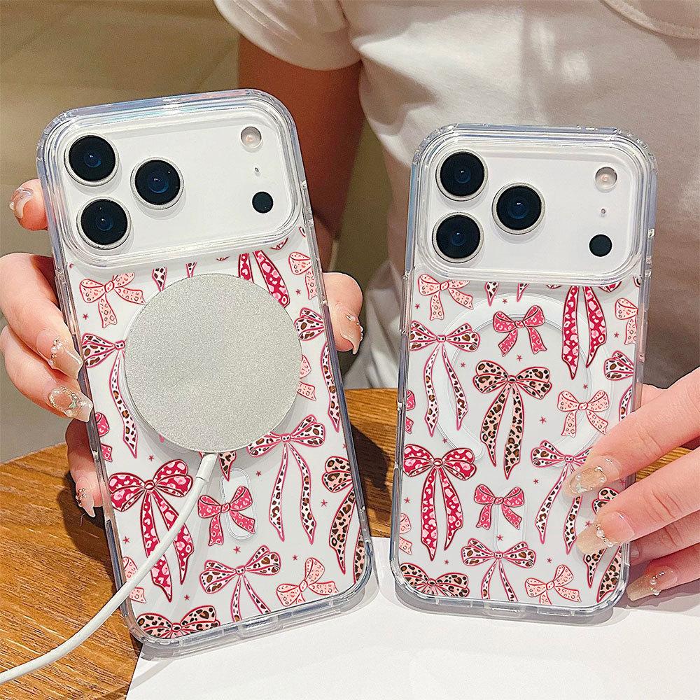 Factory Direct Supply Pink Leopard Print Bow Transparent Magnetic Mobile Phone Case iPhone16/15ProMax Protective Case