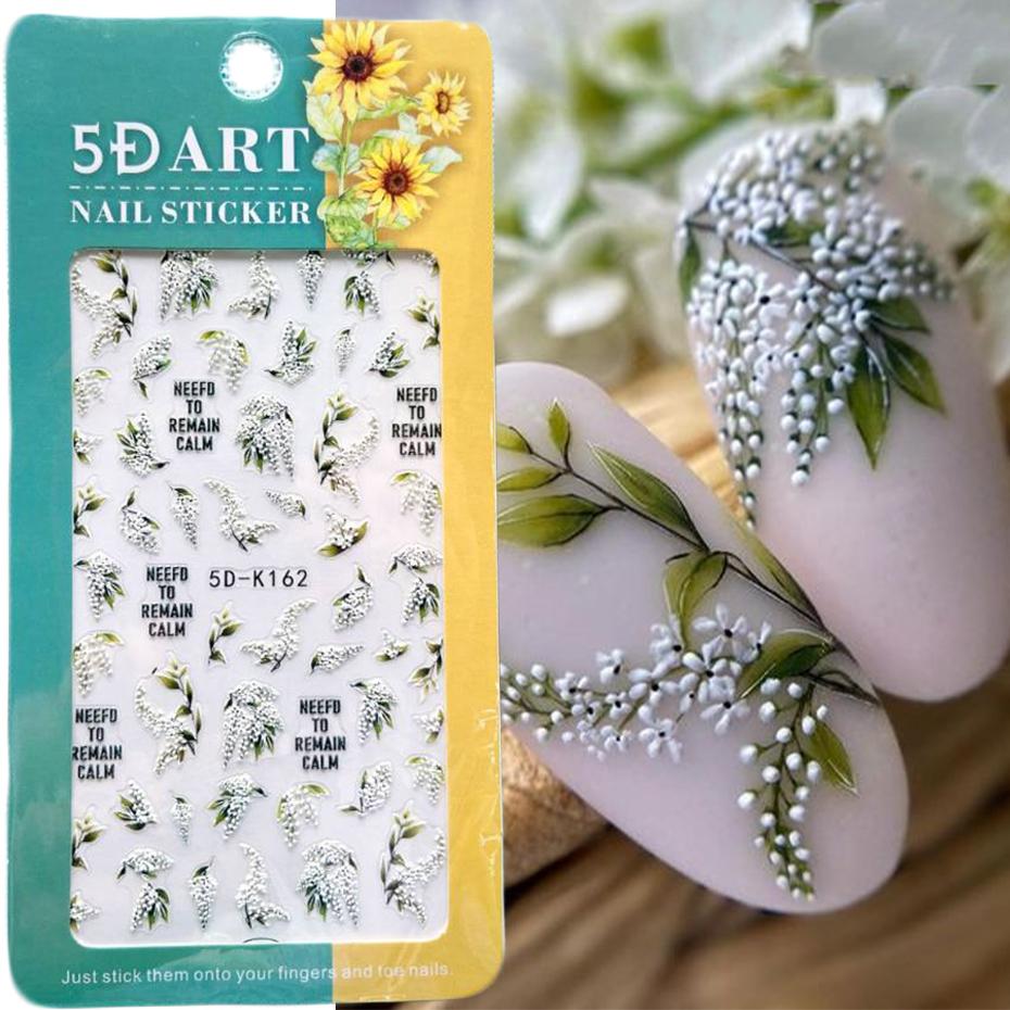 5D geprägte Nagelkunstaufkleber, weiße Blumen-Nagelabziehbilder, Gravur floraler Nagelschieber-Spitzen