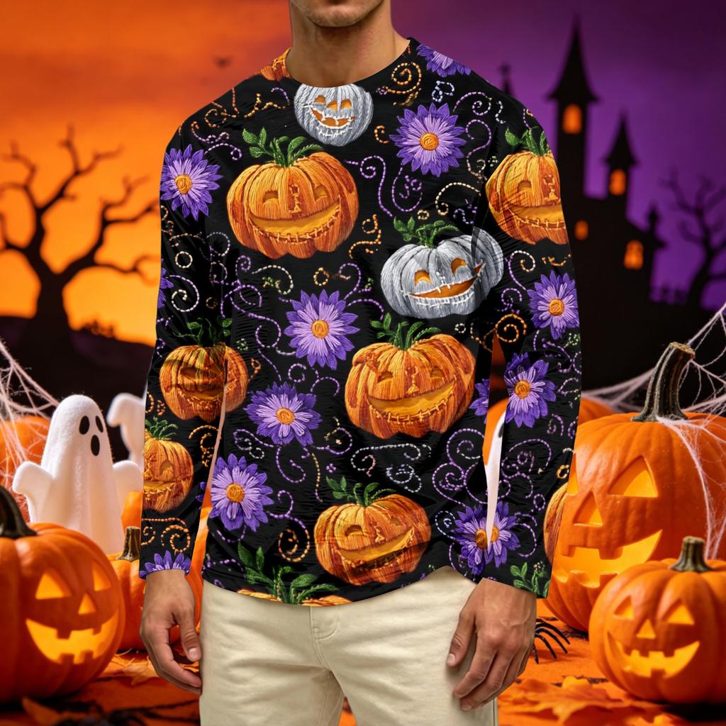 Men's Casual Long Sleeve Crew Neck T-Shirt with Pumpkin and Floral Print Comfortable Fit Lightweight Fabric Suitable for Daily Wear