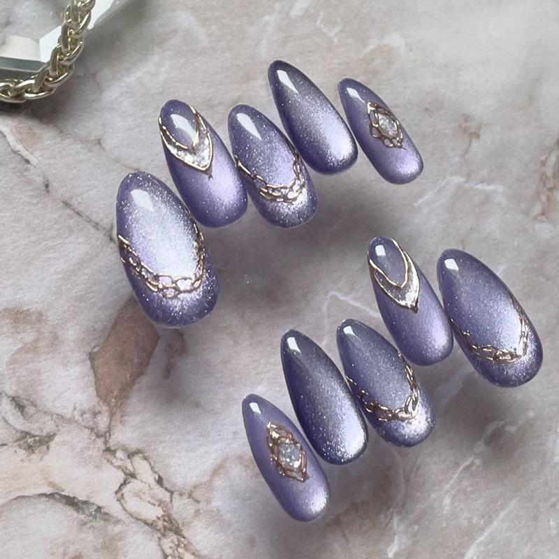 W1780 Elegant Purple Cat Eye Glue On Press On Nails Minimalist European For Ladies Non Special Cosmetics