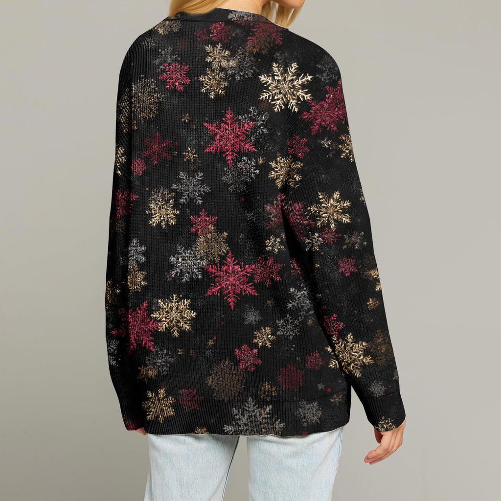 Women's Fashion Long Sleeve Print V-Neck Button Loose Cardigan Top