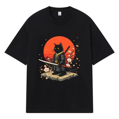 2026 Black Cat Samurai Printed Graphic Y2k Harajuku Streetwear 100% Cotton T Shirt Casual Oversized Summer Men T-shirt