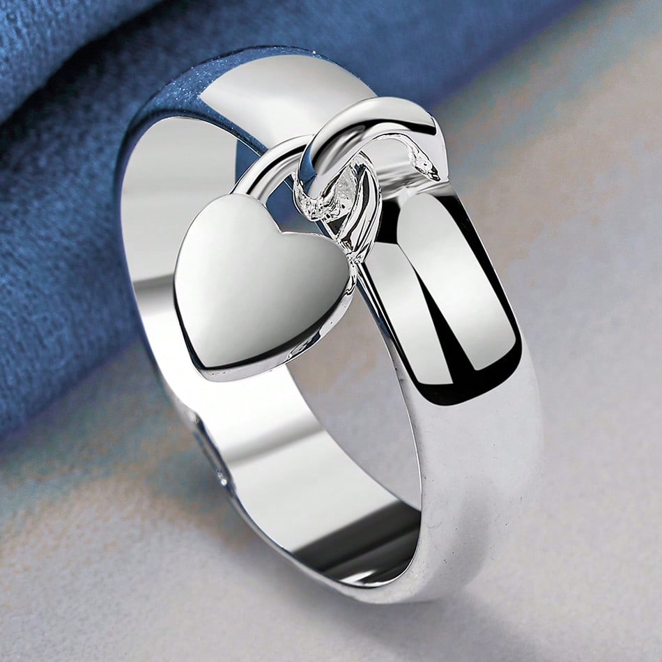 Simply & Classic Style, 925 Sterling Silvery Plated Ring with Heart Pendant Design for Ladies, Fashion Creative Accessory for Daily Wear & Vacation