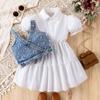 Sommer Kinder Revers Blase Kurzarm Shirt Kleid Denim Perle Weste Mädchen Anzug