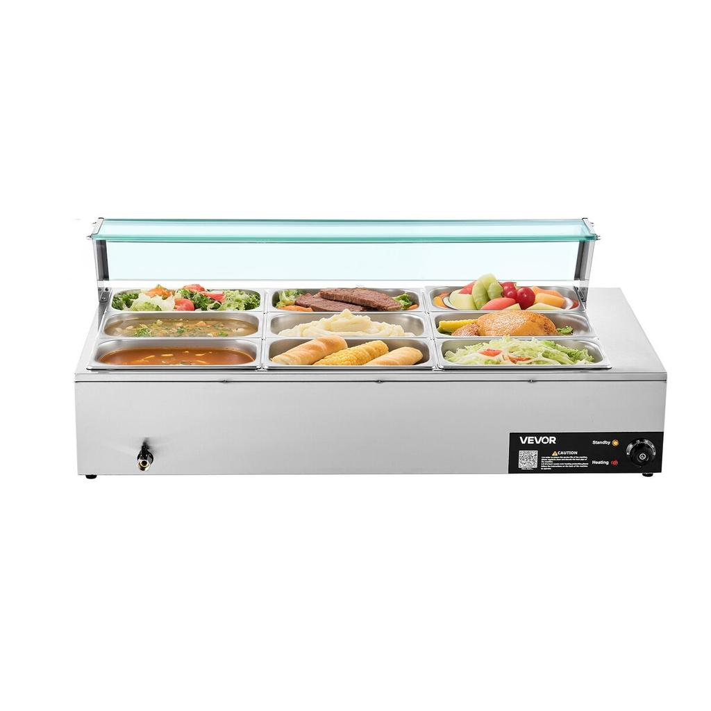 Commercial Food Warmer, 1500W Electric Stainless Steel Steam Food Warmer with Glass Cover, 9-Pan Countertop Buffet Bain Marie with Soup & Perforated