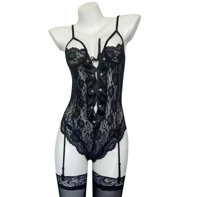 New sexy lace perspective waist onesie cross strap hot temptation sexy lingerie women