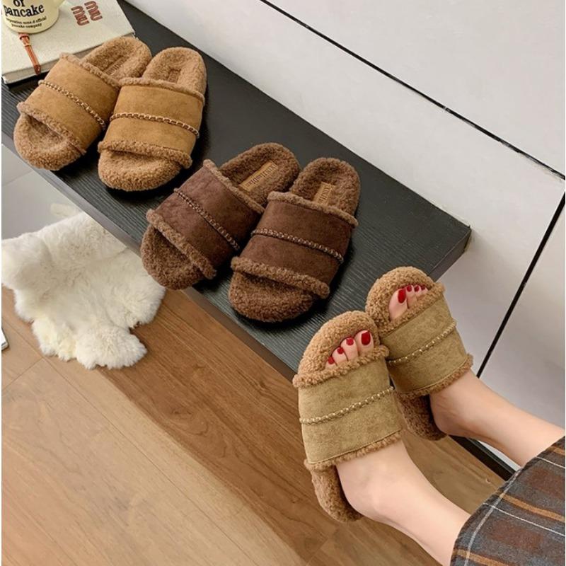 Fashion Designer Women's Lamb Wool Open Toes Slippers Retro Cotton Slides Autumn Winter Fur Shoes 2025 New Fashion Women's Shoes
