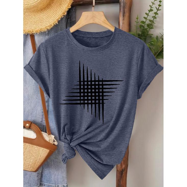2026 New SpringSummer Women s Round Neck Abstract line grid print short-sleeve shirt for daily commuting T Shirt Vintage distressed casual S