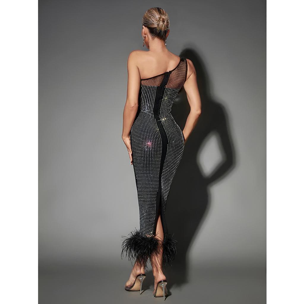 Mode Damen Kleid Eine Schulter Mesh Diamant Feder Bandage Kleider