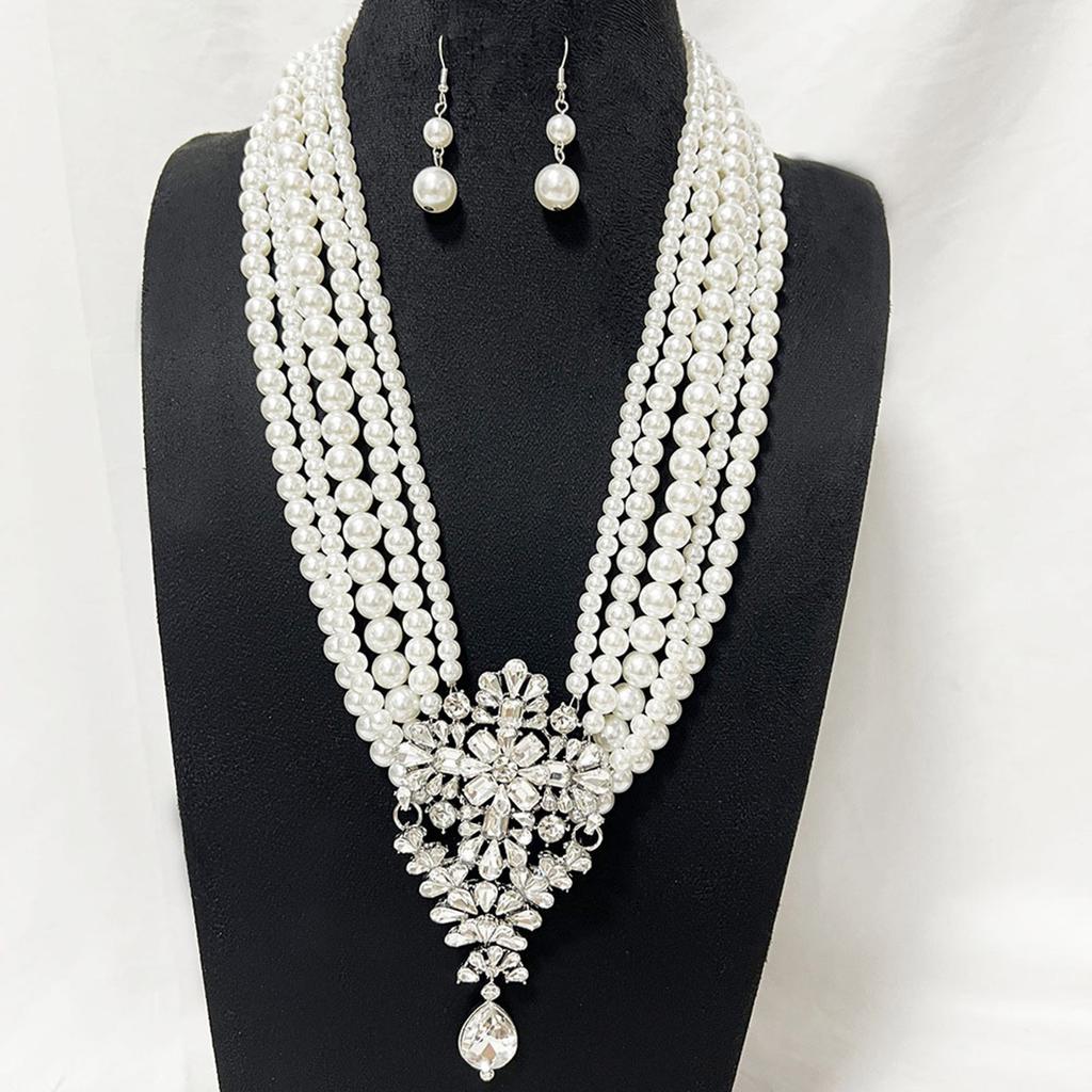 Sparkling Multi Layer Faux Pearls Necklace And Earrings Set With Crystal Accent For Evening Party Elegant Jewelry Gift