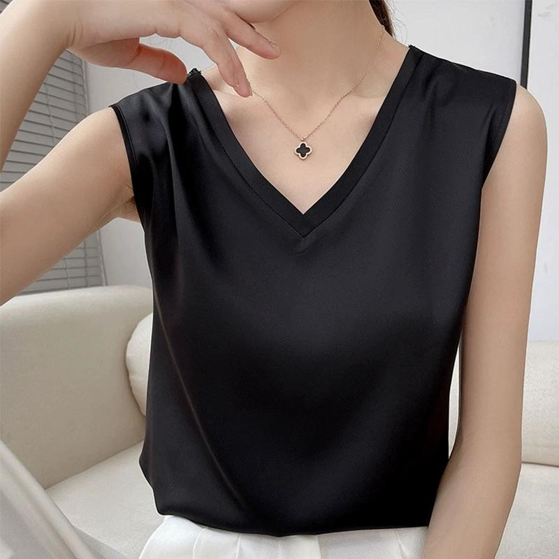 

Весна и лето V-образный вырез атласный топ женский имитация шелка дизайн Sense с безрукавным нижним топом S чёрный