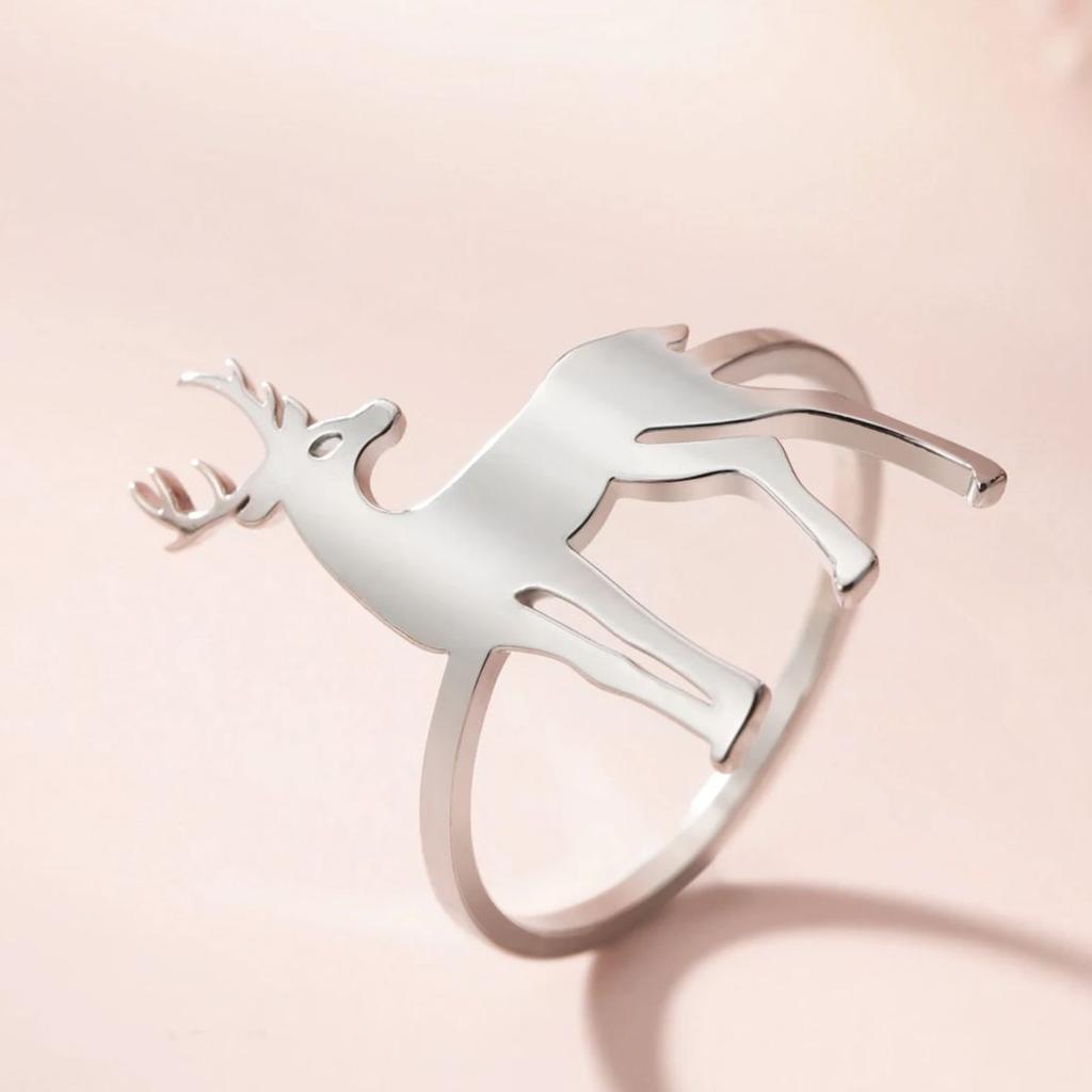 LIKGREAT Simple Reindeer Antler Finger Ring for Women Men Stainless Steel Fashion Elk Deer Jewelry Trend Couple Birthday Gift