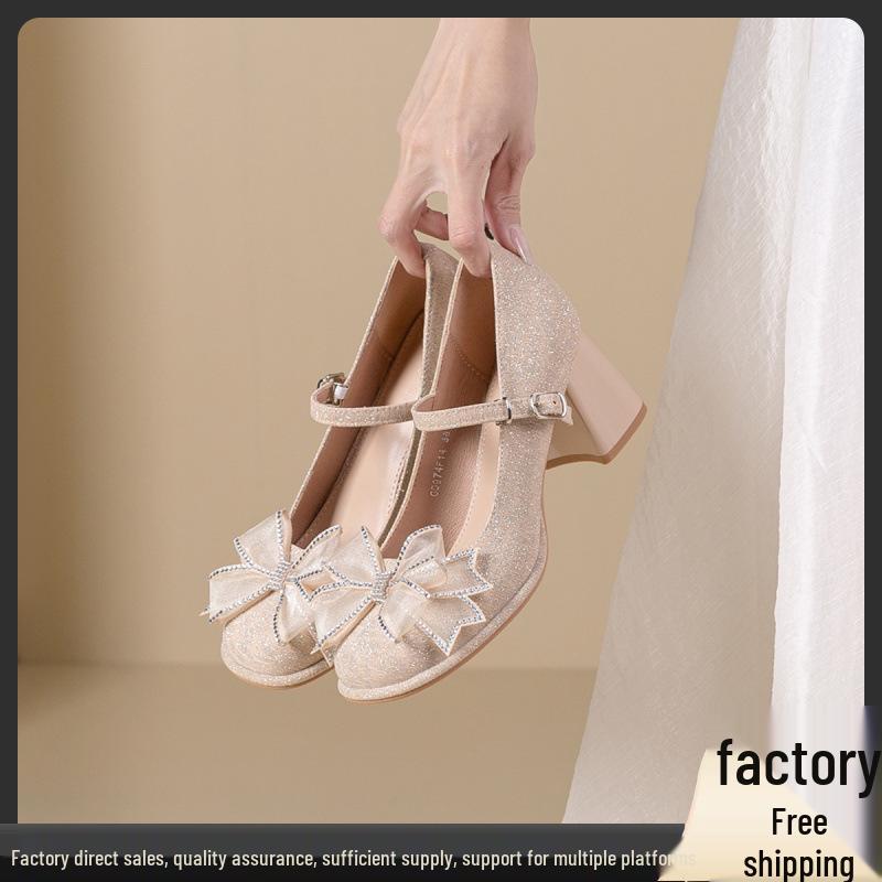 

Весна/Лето 2024 Туфли Мэри Джейн для подружек невесты на каблуке с бантом из страз - Универсальные женские туфли на массивном каблуке 39 абрикосовый