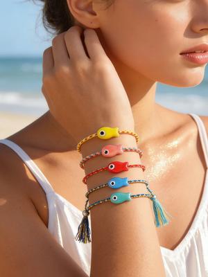 Trendy Multicolored Ceramic Fish Bracelet for Women Adjustable Handmade Woven Rope Wristband Bobo Jewelry Summer Beach Party
