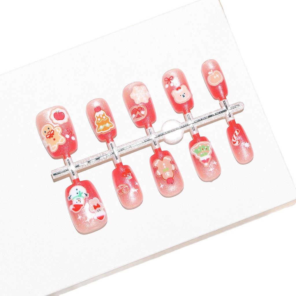 B011 Christmas Cookie Snowman Nail Art Stickers - Handmade Powder Mist Wearable Nails for Christmas Party