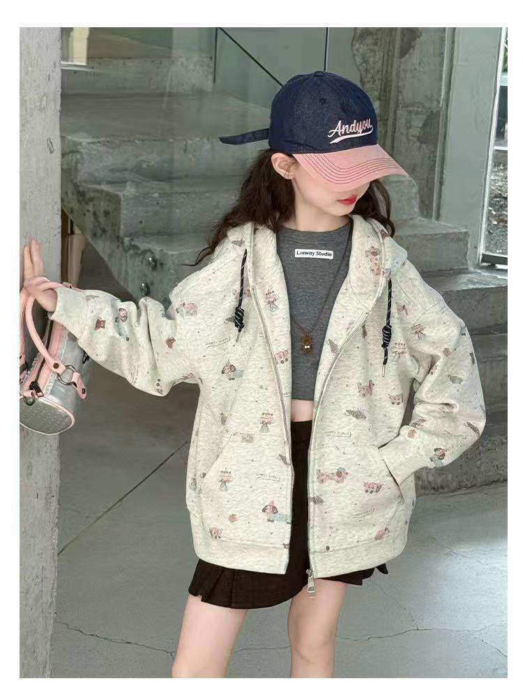2025 New Girls' Fashion Hooded Cardigan: Loose Fit Spring & Autumn Jacket