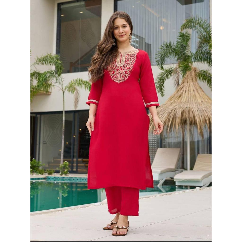 Women's Rayon Slub Embroidered Straight Kurta with Pant And Dupatta Sets
