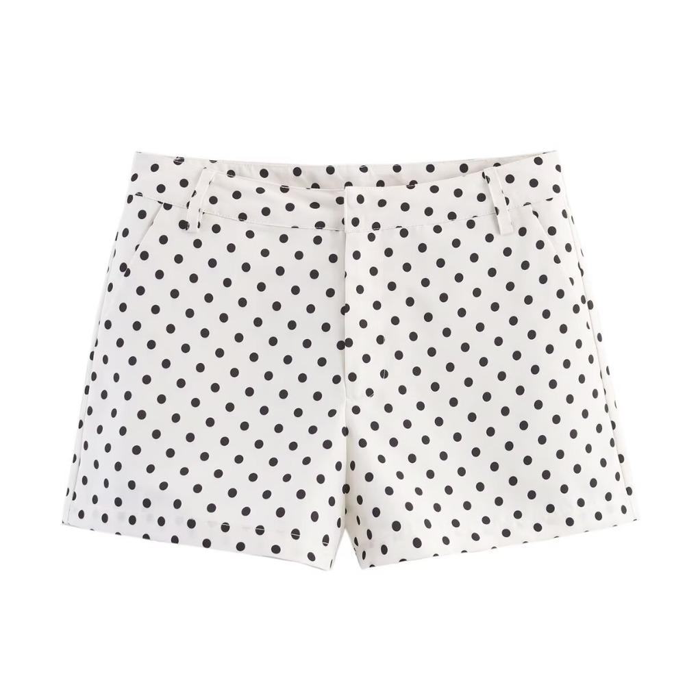Women's High Neck Long Sleeve Polka Dot Jacket Loose Fit Two Piece Matching Mini Shorts Set Streetwear Spring Outfit